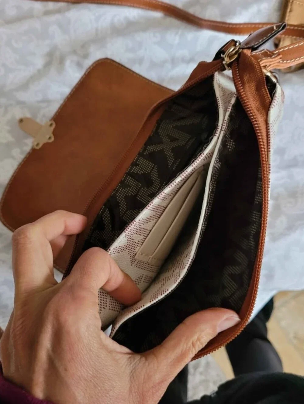 Nobel EXCHANGE Brown & White Logo Crossbody Bag with Gold Hardware